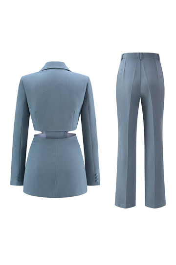 Grey Blue Notched Lapel 2 Pieces Cut Out Prom Suits